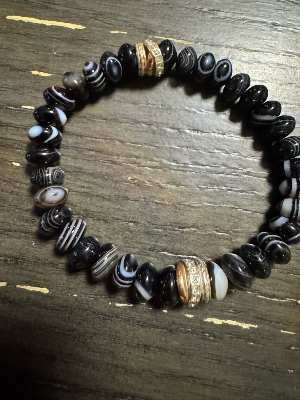 Brighton Black and White Agate Bead Stretch Bracelet with Gold Accent